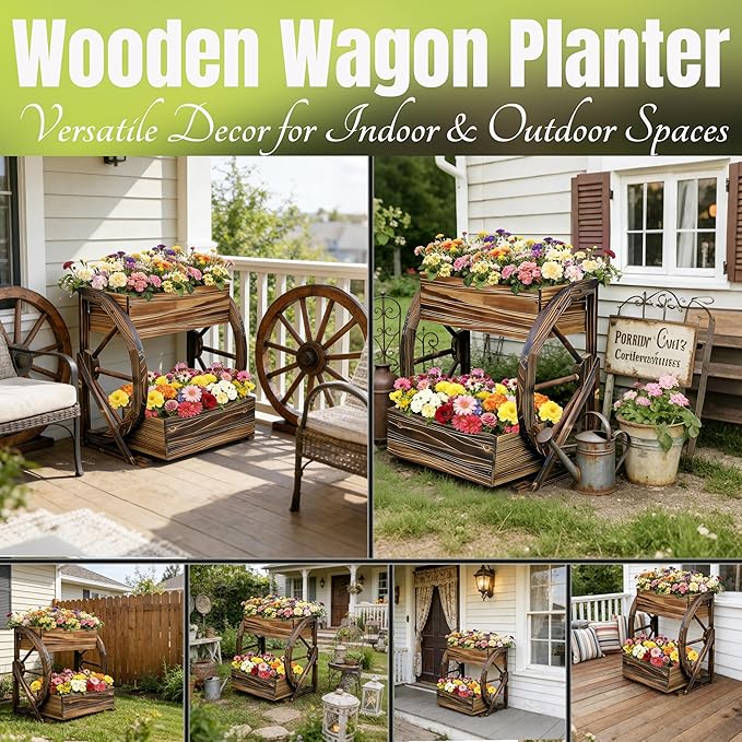 2 Tier Medium Wooden Wagon Planter Box|Outdoor Planter/Flower Pot for Indoor&Outdoor Plants-Rustic Garden Planter for Patio,Porch&Garden Decor-Raised Garden Bed for Succulents,Herbs,Vegetables