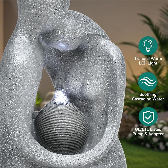 AUTODAYA 20.9in Hugging Couple Outdoor Water Fountain with LED Lights, Modern Couple Silhouette Garden Water Fountain for Patio, Yard,or Indoor Décor