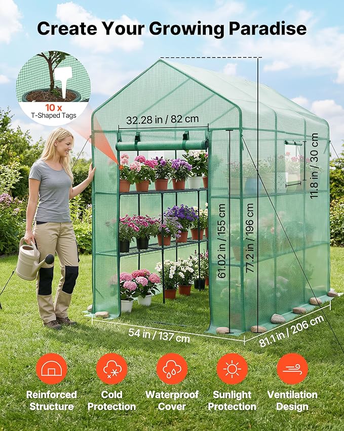 VEVOR Walk-in Greenhouse, 54" x 81.1" x 77.2" Greenhouse for Outdoors with Windows, PE Cover, 2 Tiers 14 Shelves, Roll-Up Zipper Door, Walk in Green House, Portable Plant Garden Hot House for Backyard