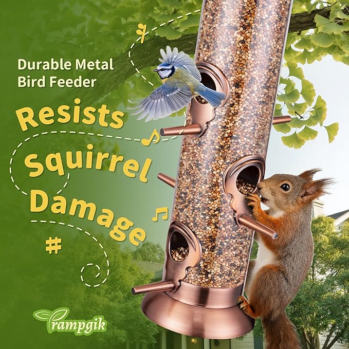 Bird Feeders for Outdoors,13 Inch 6 Ports Squirrel Proof Bird Feefers,Finch Feeder for Outside,Chew-Proof Metal Hanging Bird Feeder,Rust-Proof,Easy to Refill & Clean,Copper,Pack of 1