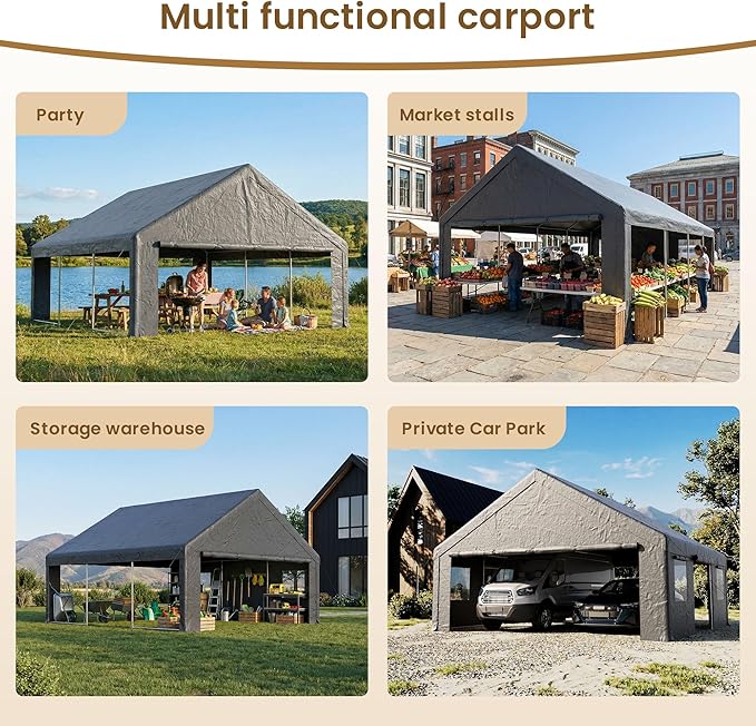 COSIEST 20'×20' Storage Shelter Outdoor Gable Roof Carport with Removable Side Walls, Heavy-Duty Garage Canopy Weatherproof PE Cover, Multi-Purpose Vehicle, Tractor Shed for Backyard, Driveway (Gray)