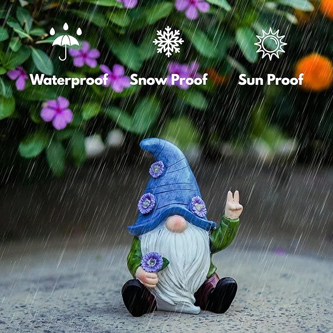 Peace Gnome Garden Statue - Original Design - Blue Peace Gnome Design for Yard, Lawn, Patio, Porch - Garden Decoration - Solar Light - Mom - Grandmother Outdoor Decor & Unique