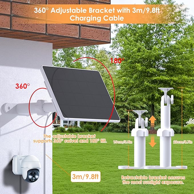 Solar Panel for Security Camera,6W Solar Panels with Micro USB&USB-C Port for DC 5V Outdoor Camera,Solar Charger for Rechargeable Battery Camera,IP65 Waterproof,360° Adjustable Mount,9.8ft Cable (3PC)