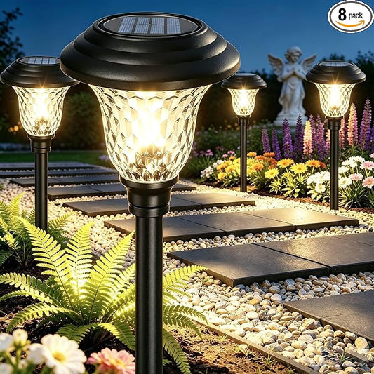 BEAU JARDIN 8 Pack Solar Pathway Lights White+Color Changing Stainless Steel 3 Mode Outdoor Multicolor Metal Solar Powered Waterproof Glass for Garden Landscape Path Yard Walkway Driveway Black