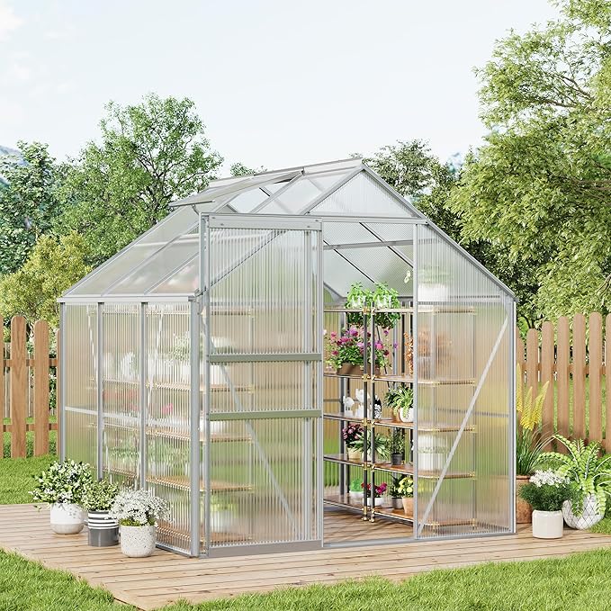 6x6FT Greenhouse for Outdoors, Walk-in Polycarbonate Greenhouse with Sliding Door, Adjustable Roof Vent & Gutter System, Portable Outdoor Green House Kit for Winter Gardening