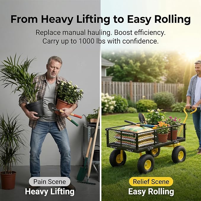 Finnhomy Heavy Duty 1000 Lbs Capacity Mesh Steel Garden Cart, Pullable Garden Wagons Carts on Wheels, Folding Utility Wagon with Removable Sides for Outdoor, Yard, Lawn, Yellow