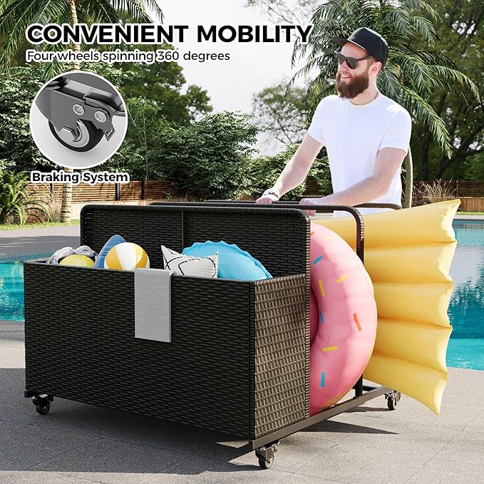 Pool Float Storage Organizer with Rolling Wheels, Outdoor Wicker Rattan Pool Caddy & Toy Storage Basket, All-Weather PE Rattan Holder for Pool Noodles, Life Vests, Beach Balls, Equipment, Patio Deck