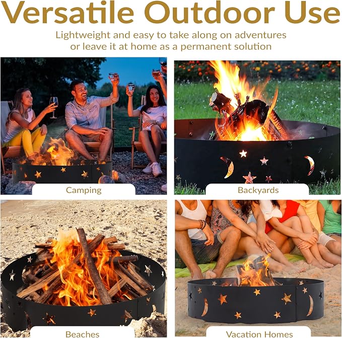 Sunnydaze 36-Inch Outdoor Fire Ring - Portable Metal Fire Pit Ring for Camping or Backyard - 360-Degree Moons and Stars Cutout - Big Sky