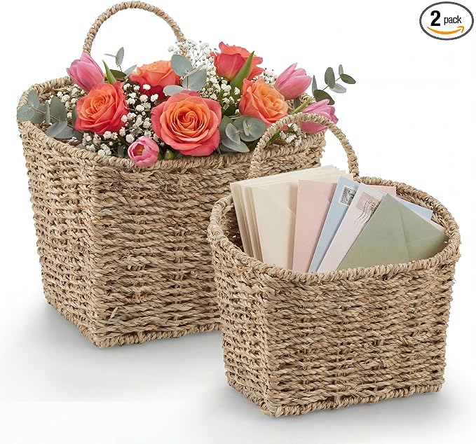 84ECO Set of 2 Seagrass Hanging Baskets for Organizing, Front Door, Mail, Flowers