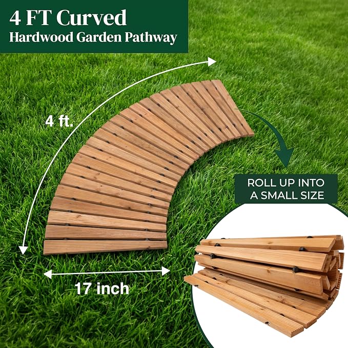 Plow & Hearth 4' Curved Outdoor Wooden Pathway | 17" Wide Rollout Outdoor Garden Walkway | Weather-Resistant Hardwood Cedar Board Walkway Landscape Edging | Decorative Lawn Patio Wedding Party