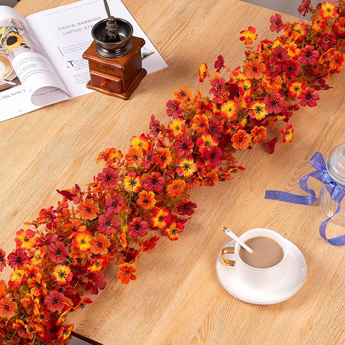 Ammyoo Fall Mums Flowers Artificial Garland for Decoration, 4 Pack 5.9 FT Faux Mums with Eucalyptus Leaves Ivy, UV Resistant Fake Fall Daisy Floral Vine Flowers for Home Garden Wedding Backdrop Decor