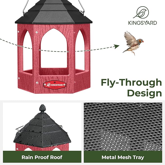 Kingsyard Platform Bird Feeder for Outdoor Hanging - Gazebo Style Recycled Plastic Wild Bird Feeding Station with Rain-Proof Roof & Metal Mesh Tray. Red