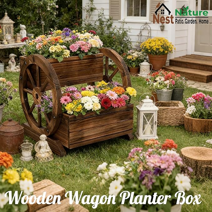 2 Tier Classic Wooden Wagon Planter Box|Outdoor Planter/Flower Pot for Indoor&Outdoor Plants-Rustic Garden Planter for Patio,Porch&Garden Decor- Raised Garden Bed for Succulents,Herbs,Vegetables