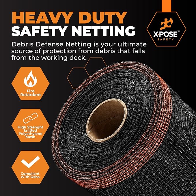 Xpose Safety Construction Safety Netting – 8.5' x 150', 1/4" Mesh Scaffold Safety Net, Temporary Material Roll, Visibility Fence, Heavy-Duty Fire Retardant, Black (35-Pack)