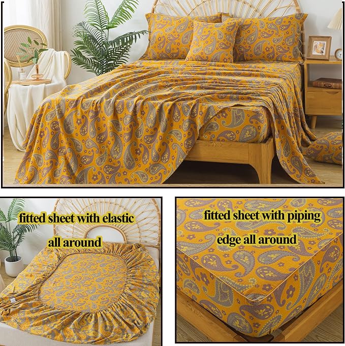 FADFAY Paisley Sheets Set King Vintage Yellow Grey Floral Bedding Shabby Farmhouse Bedding Super Soft Washed Double -Layer Muslin Sheets Luxury 100% Cotton Deep Pocket Fitted Sheet 4Pcs, King Size