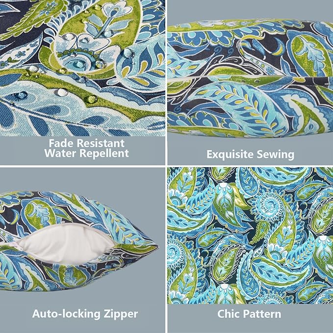 LVTXIII 2 Pack Outdoor Pillow Covers ONLY 18x18 Inch, Water-Repellent Square Decorative Cushion Covers for Patio Furniture, Garden, Sofa, Paisley Lapis Green