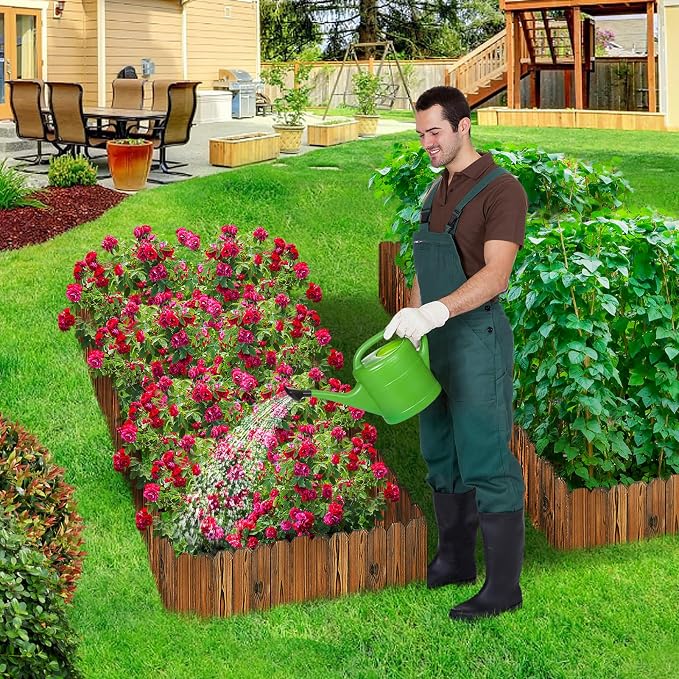 Rustic Pine Wood Landscape Edging - 23.6ft Total Length (2Pcs 11.8ft L x 8in H) Garden Fence Border, Easy to Install Sturdy Wooden Planter Fencing for Yard Flower Bed Lawns Pathway Tree