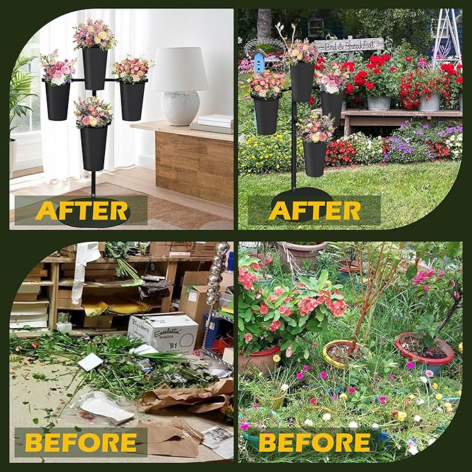 PROLEE Flower Display Stand with 4 Buckets, Flower Pot Stand, Flower Stand Metal, Florist Bouquet Shelf for Wedding, Party, Events, Oval Base, Black