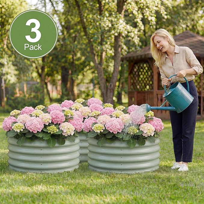 SPONVATT 3Pcs Round Galvanized Raised Garden Bed Kit 24 x 12 Inch Metal Planter Box Outdoor with Safety Rubber Edge Trim Rust Proof Weather Resistant Circular Steel Garden Beds Sage Green 12 Inch Deep