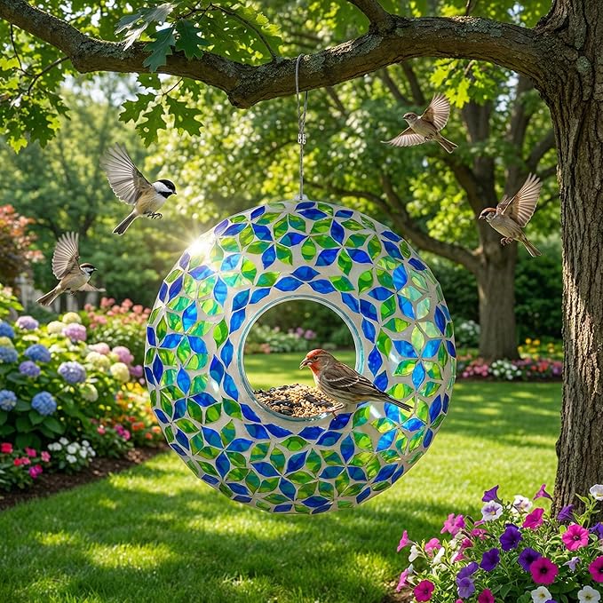 DUSVALLY 9 Inch Fly Through Bird Feeder for Wild Birds, Colored Glass Mosaic Outdoor Hanging Feeder - Squirrel Proof Design, Easy Clean, Weather Resistant for Garden Patio Hummingbirds Finches