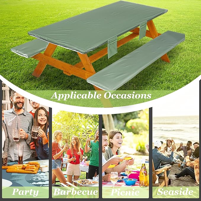 Picnic Table Cover with Bench Covers Vinyl Elastic Edges Fitted Rectangle Seat Tables Waterproof 3-Piece96X30in Set Outdoor Rectangular Folding Backing Tablecloth for Camping Over Size