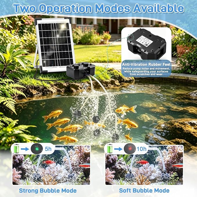 Yeomi 6W Solar Oxygen Pump, Solar Pond Aerator, Split Design Aquarium Oxygen Pump with Dual Air Ports, 5/10H Working Mode, Solar Aerator for Pond, Fish Tank, Aquarium, Hydroponics