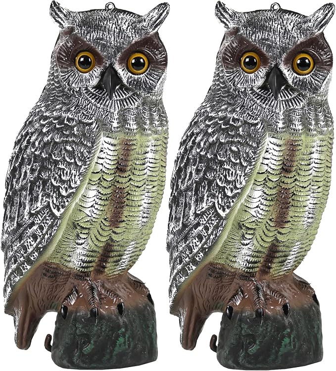 Owl Decoys to Scare Birds Away Plastic Owl Statue 16.5" Tall [Pack of 2] | Pigeon & Bird Deterrents for Outside