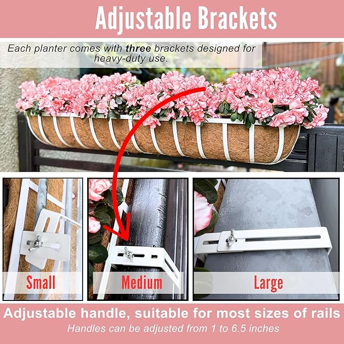 LaLaGreen Deck Railing Planter Boxes (2 Pack, 36") White Metal Extra Large Wall Hanging Planter with Coco Liner, Rectangular Window Flower Box for Outdoor Plants Deck Rail Fence Balcony Porch Patio