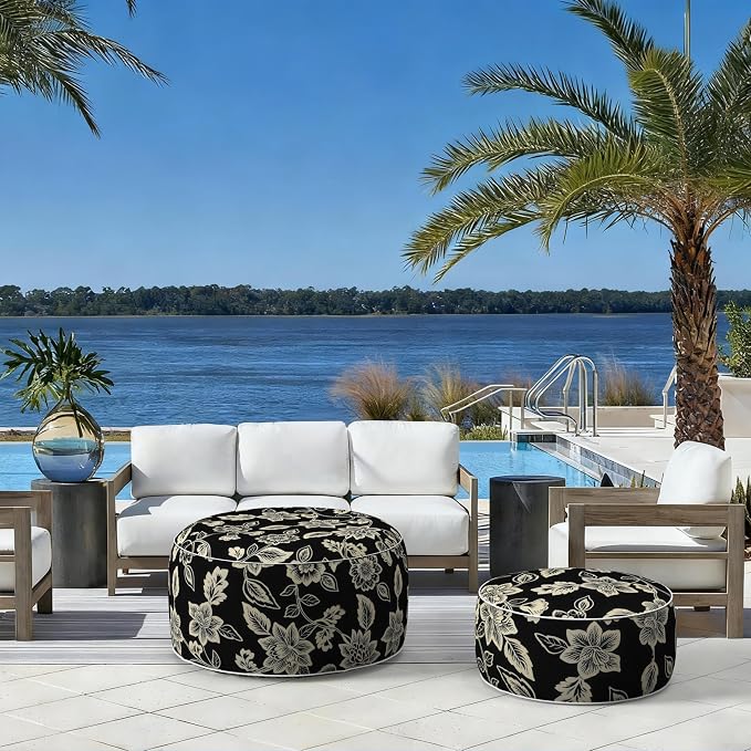 LVTXIII Indoor/Outdoor Large Inflatable Ottoman Pouf D31 x H14 Inch, Round Footstool with Handle, Weather-Resistant Portable Furniture for Patio, Camping, Beach, Elegant Vines Black