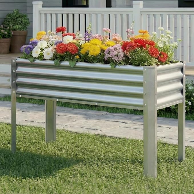 2Pcs Galvanized Raised Garden Bed with Legs, 43×24×32in Large Metal Elevated Raised Planter Box with Drainage Holes for Backyard, Patio, Balcony, 400lb Capacity,Sliver