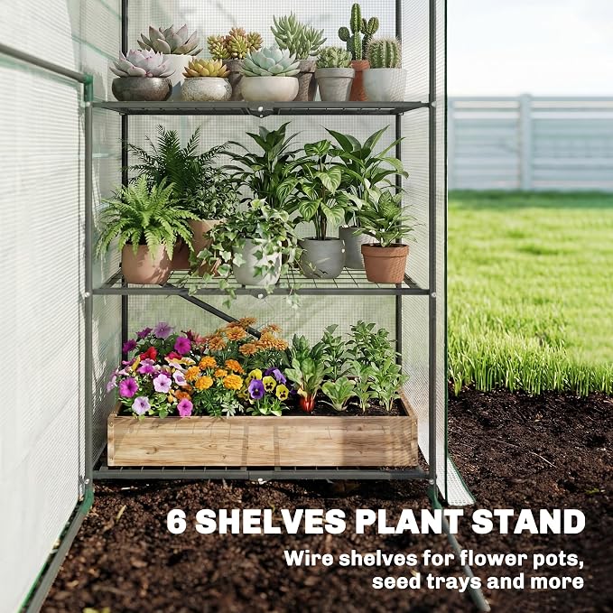 Outsunny 4.7' x 2.3' x 6.2' Small Greenhouse for Outdoors, 3 Tiers 6 Shelves, Portable Greenhouse with UV-Resistant PE Cover, Walk-in Green House with Roll-Up Door, White