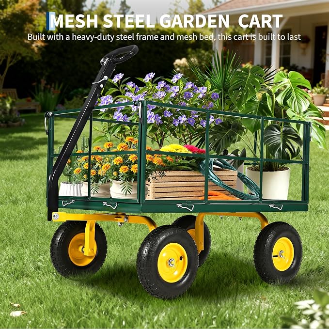 Garvee 1500 LB Garden Wagon Cart with 13 in All Terrain Tires, 3-in-1 Yard Wagon Cart with Removable Side Panels, Heavy Duty Outdoor Metal Utility Wagon Yard Trailer for Outdoor Lawn, Yard, Backyard