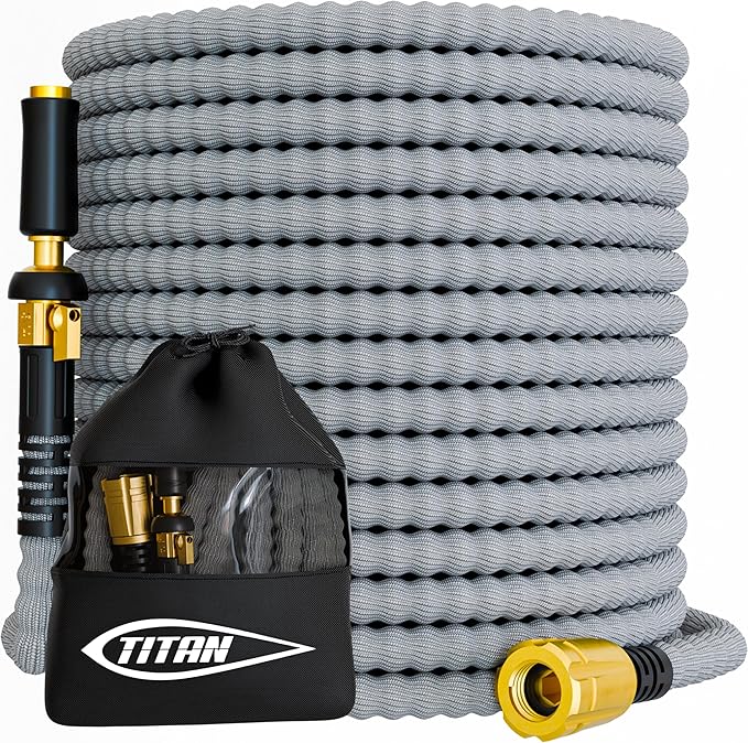 TITAN Flexible Garden Hose 30FT – Ultra Lightweight, Heavy Duty Water Hose with Brass Fittings & Jet Nozzle – Kink-Free, Non-Expanding, Durable Fabric Hose for Yard, Lawn, Car Wash, Outdoor Use