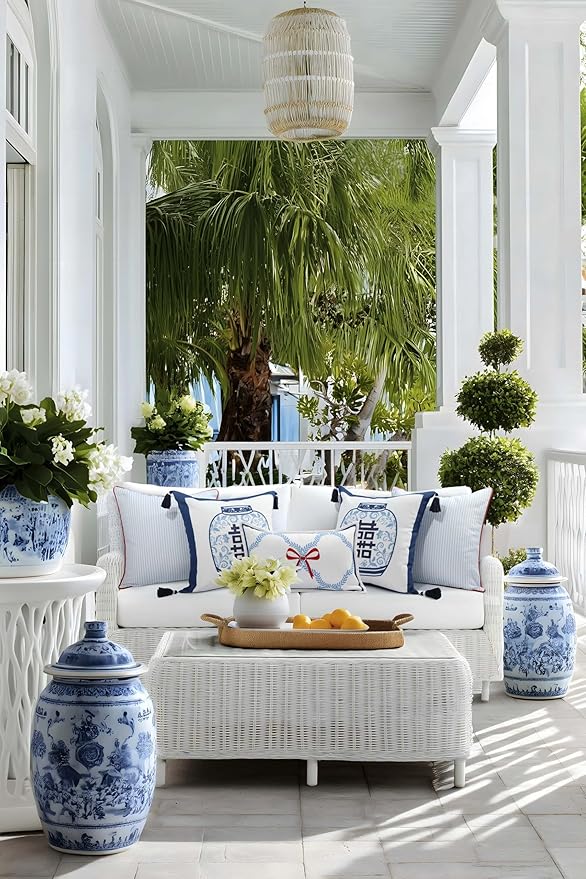 Hofdeco Premium Coastal Hampton Patio Indoor Outdoor Lumbar Pillow Cover Only, 12"x20" Water Repellent for Backyard, Couch, Poolside, Azure Blue Red Embroidered Ribbon Bow Tie on Leaves