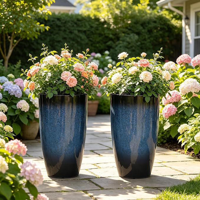 23.75" H Large Tall Outdoor Planters, Set of 2 Plastic Large Flower Pots for Outdoor Plants, with Gradient Cobalt Bule Finish, Weather-Resistant for Porch, Garden, Patio or Indoor Use