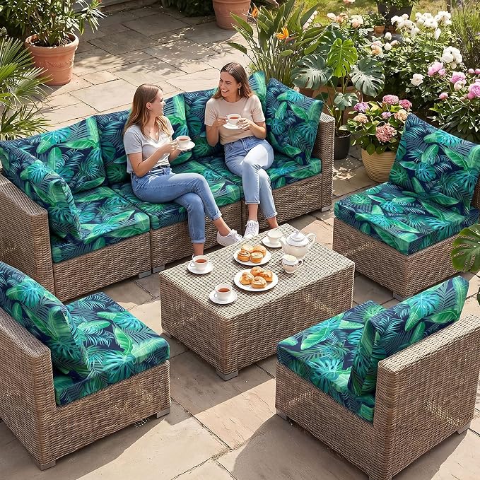 pickyNproud 14Pcs Patio Cushion Covers Stretch Outdoor Couch Cushions Slipcovers Replacement Washable Furniture Protector with Elastic Bottom Sofa Chair Seat Cover, Palm Leaves