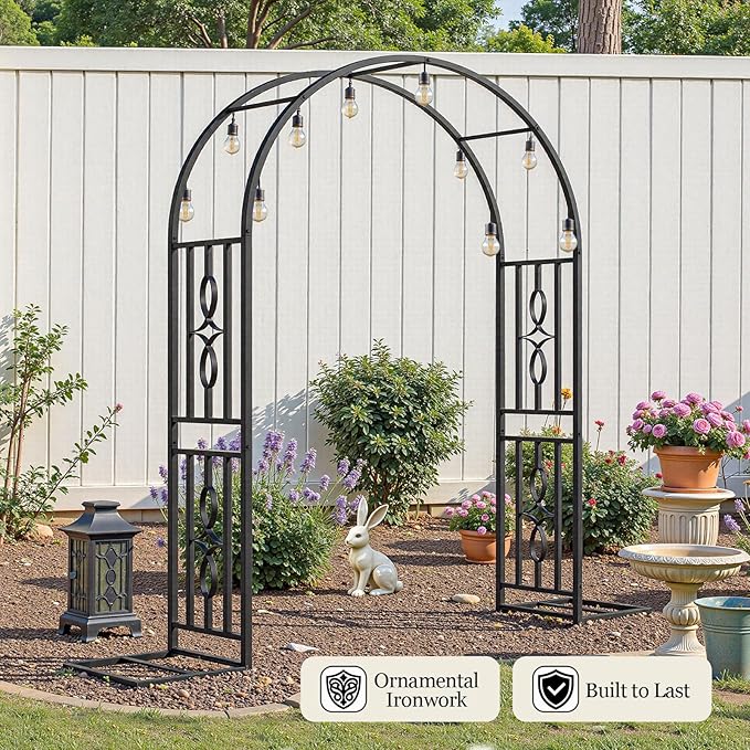 Metal Garden Arch, Heavy Duty Garden Trellis for Climbing Plants, with Enlarged Base for Stability, Ideal for Wedding Arches & Party Decorations, 55" W x 87" H