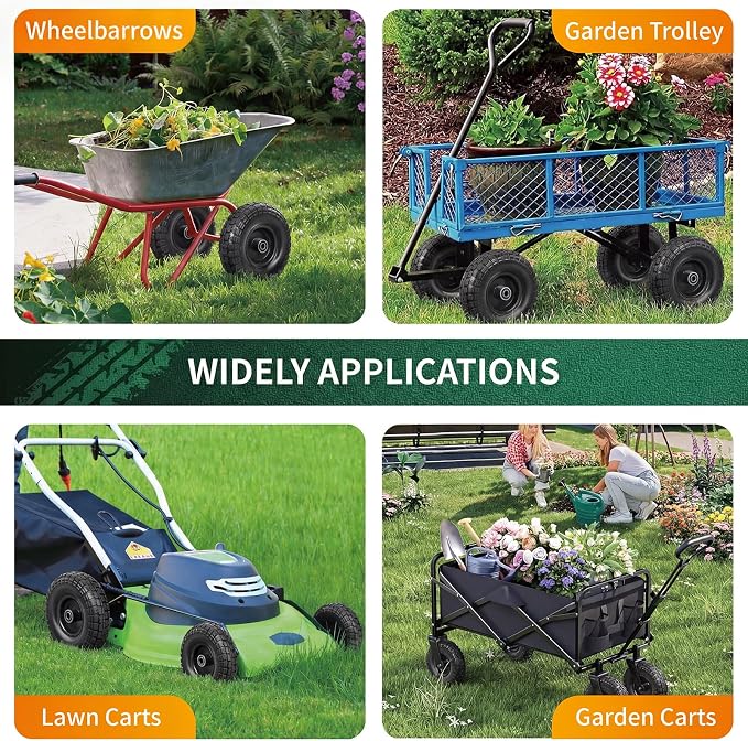 10 Inch Soild Dolly Tire Wheels 5/8" Axle,4.10/3.50-4 Tire and Dolly Wheel Flat Free for Hand Truck,Wheelbarrow Garden Cart, Wagon,Lawn Mower and Gorilla Cart Tires(4 Packs,Black)
