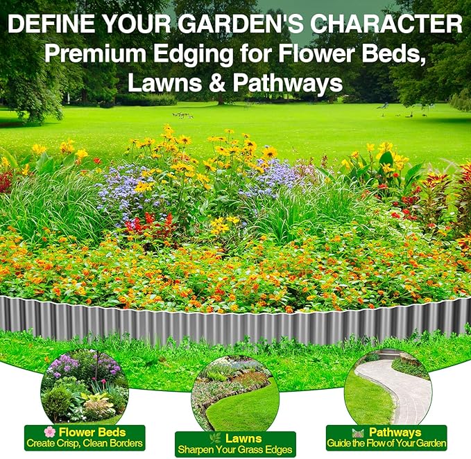 MIXC Corrugated Metal Garden Edging, Landscape Border for Lawn, Flower Bed & Paver (Silver, 8 Inch × 25FT)