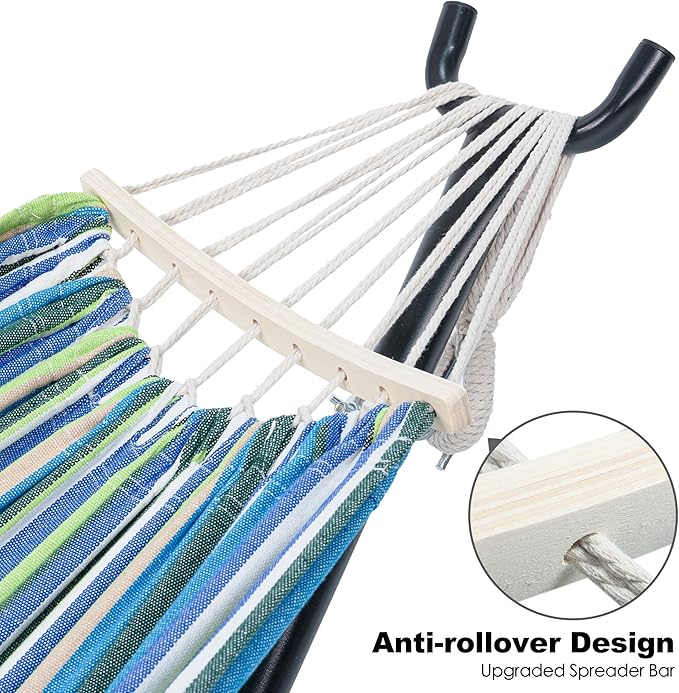 GAFETE Double Hammock with Stand for Outside, Upgraded Spreader Bar, Heavy Duty Space Saving Steel Stand 2 Person, Convenient Pocket, Easy Assembly, 600lbs Weight Capacity, Indoor & Outdoor (Garden)