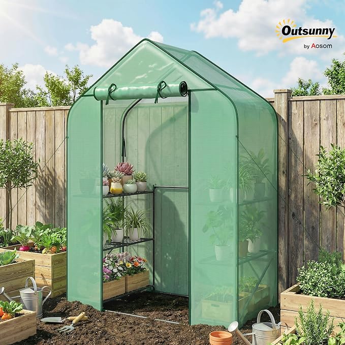 Outsunny 4.7' x 2.3' x 6.2' Small Greenhouse for Outdoors, 3 Tiers 6 Shelves, Portable Greenhouse with UV-Resistant PE Cover, Walk-in Green House with Roll-Up Door, Green