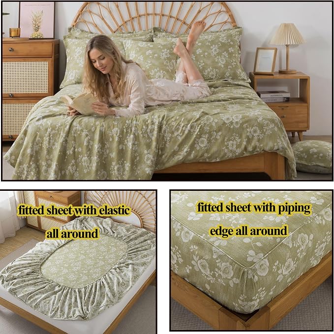 FADFAY Sage Green Sheets Set King 100% Cotton Washed Double Gauze Muslin Bedding 4Pcs Vintage Rose Floral Sheets Shabby Cottagecore Bedding Super Soft & Breathable Deep Pocket Fitted Sheet, King Size