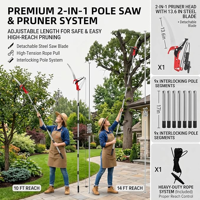 Manual Pole Saw for Tree Trimming, 13.7 Ft Extendable 2-in-1 Tree Pruner with Scissor and Steel Blade, Adjustable Long Handle Branch Cutter Pole Pruner and Pruning Saw for Yard Garden Patio