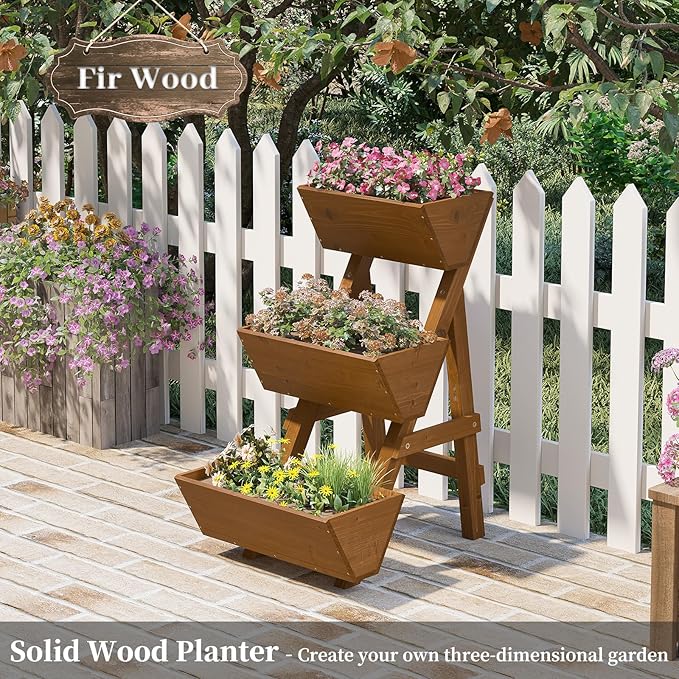 Kitsanery 3-Tiers Wooden Raised Garden Bed,Wood Planter Box for Vegetable,Flower Rack,Flower Pot Stands,Indoor Outdoor Gardening Planting Beds (Brown, Small)