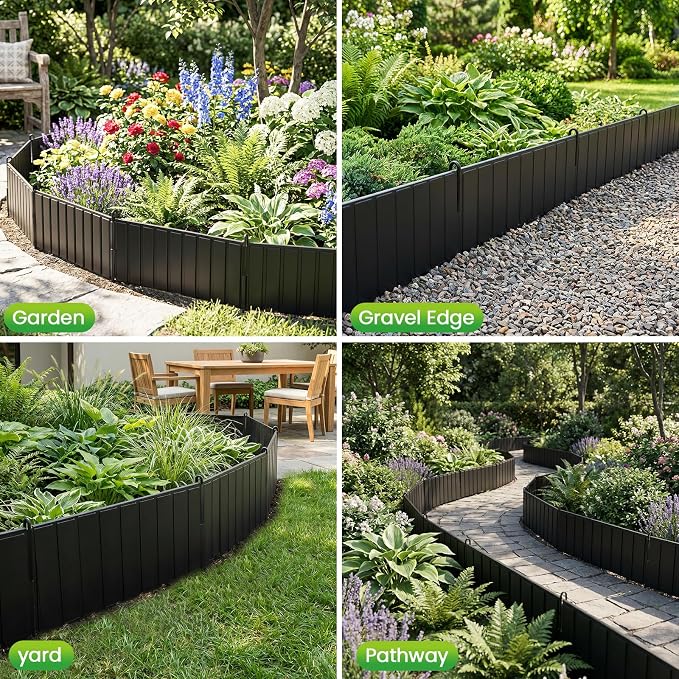 15 Panels Metal Landscape Edging, 6.2in (H) x 20 ft (L)–No Dig Garden Edging with 16 Stakes, Modular Adjustable 0-270°for Tree Rings & Yard Pathways, Matte Finish, Anti-Rust Metal Garden Border(Black)