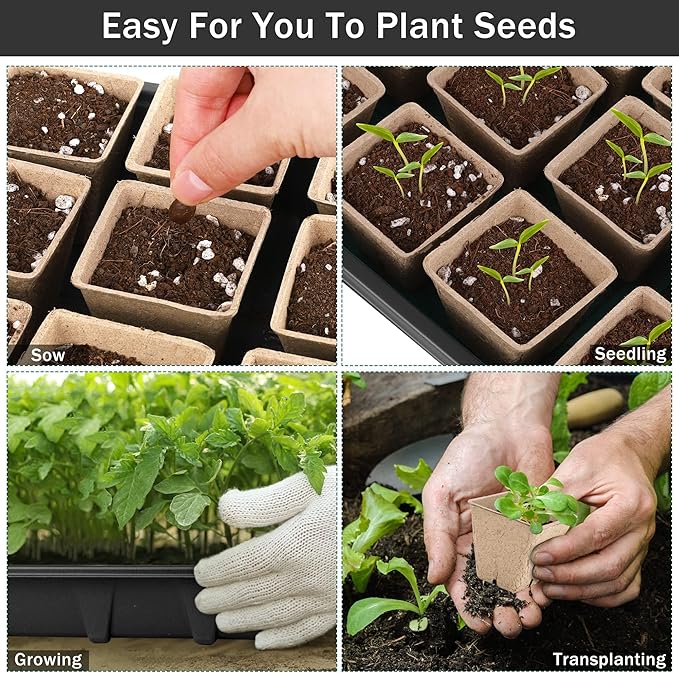 Hahood 6 Pack Seed Starter Tray Kit with 120 Square Peat Pots for Seedlings, Including Plants Labels, Planting Tools, Growing Trays Plastic Germination Tray Paper Starter Pods for Plant Seeds, Black
