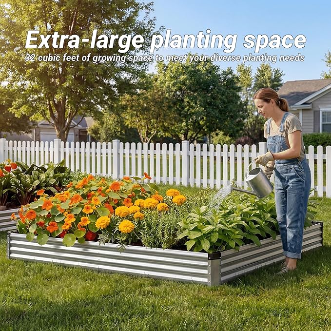2Packs 8x4x1 FT Raised Garden Beds Outdoor, Planter Raised Beds for Gardening, Vegetables, Flowers, Metal Garden Box, Deep Plant Flower pots Outdoor (Silver)