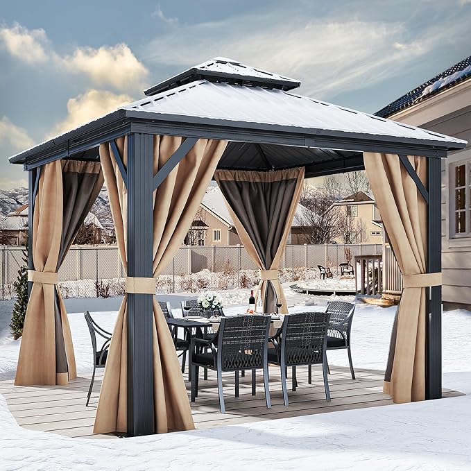 YITAHOME 10x10ft Hardtop Gazebo with Nettings and Curtains, Heavy Duty Double Roof Galvanized Steel Outdoor Combined of Horizontal Vertical Stripes Roof for Patio, Backyard, Deck, Lawn Brown