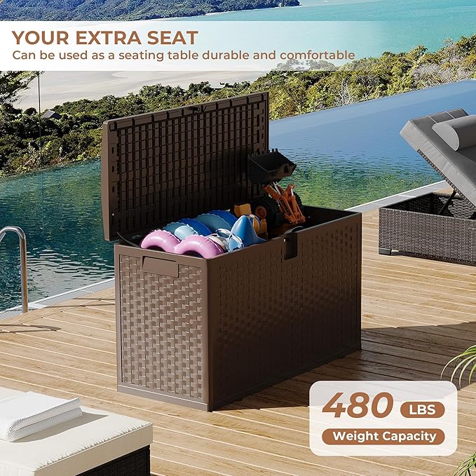 99Gallon Brown Resin Deck Box, Outdoor Storage Box Waterproof Lockable, Patio Deck Box For Package Parcels, Outside Storage Box Container for Furniture Cushions, Garden Tools, Pool Accessories