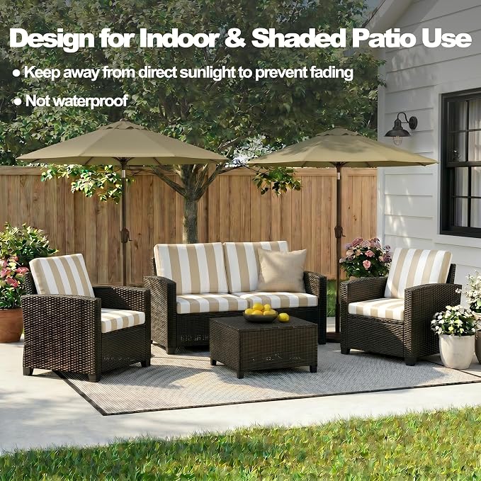 CALBODE 14 Pcs Outdoor Seat Cushion Covers, Striped Stretch Chair Seat Cover for Patio Furniture Cushions Washable Reusable Indoor and Outdoor Couch Cover Replacement (Light Brown, Cover Only)